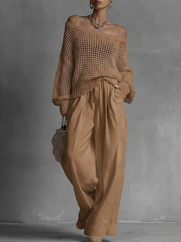Crochet Knit Sweater Wide Leg Pants Set