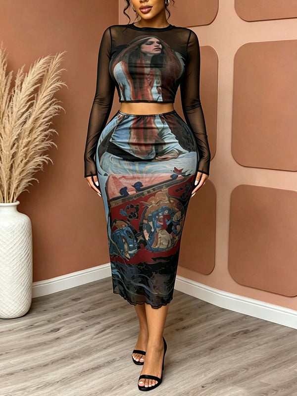 Printed Mesh Top & Skirt Set