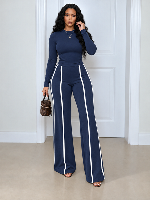 Solid Top & Striped Pants Set