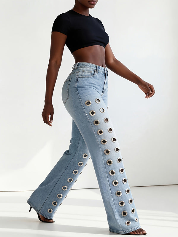 Metal‑Grommet Cut‑Out Denim Jeans