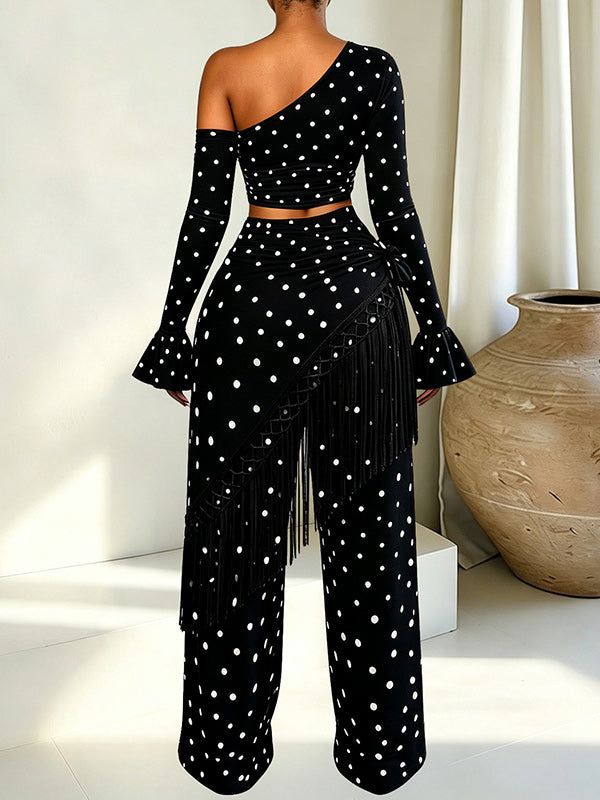 Polka Dot Off-Shoulder Top & Flared Pants Set