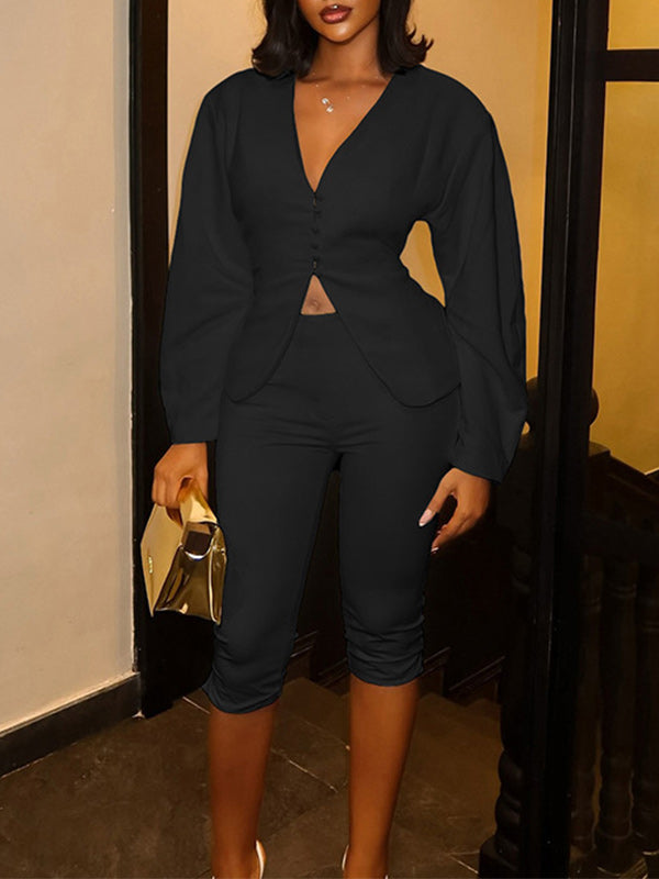 Button-Front Blazer & Capri Pants Set