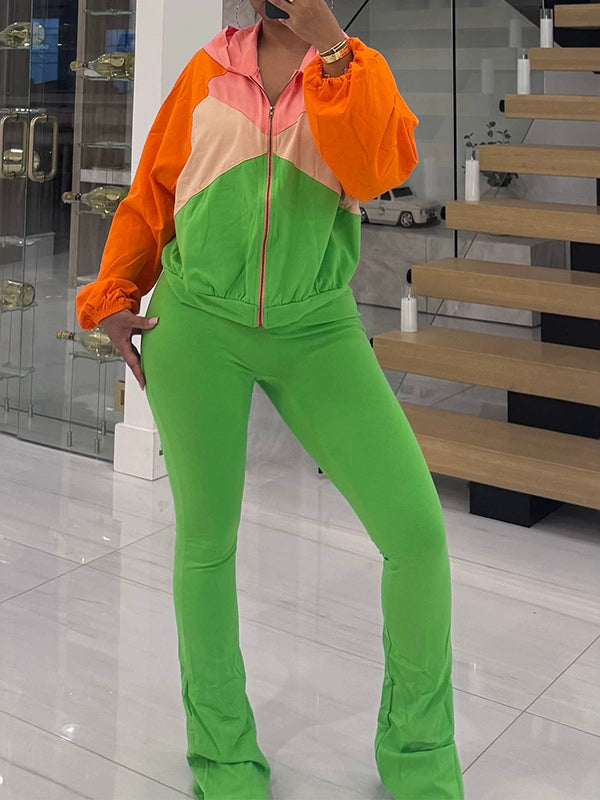 Color‑Block Zip‑Up Jacket & Skinny Pants Set