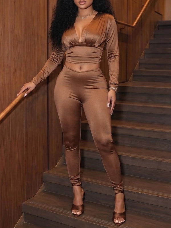Solid V-Neck Top & Pants Set