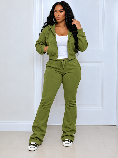 Solid Zip-Front Hoodie & Pants Set