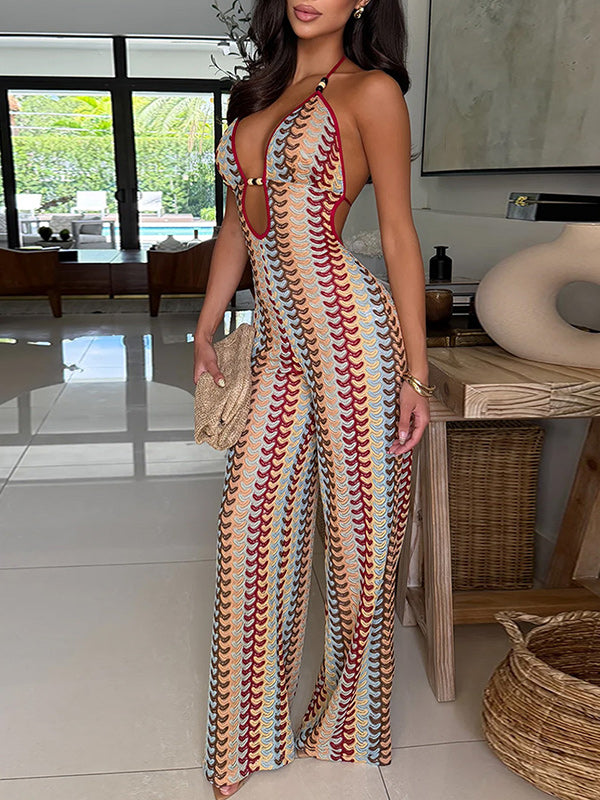 Colorblock Halter Wide Leg Jumpsuit
