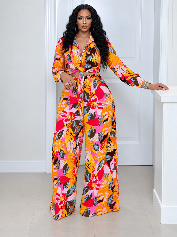 Printed Shirt & Wide-Leg Pants Set