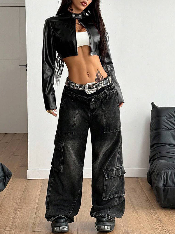 Faux-Leather Zip-Up Cropped Jacket