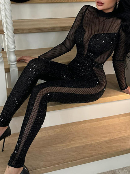 Sequin Mesh Panel Jumpsuit