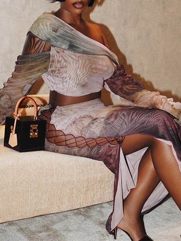 Printed Drawstring Top & Skirt Set