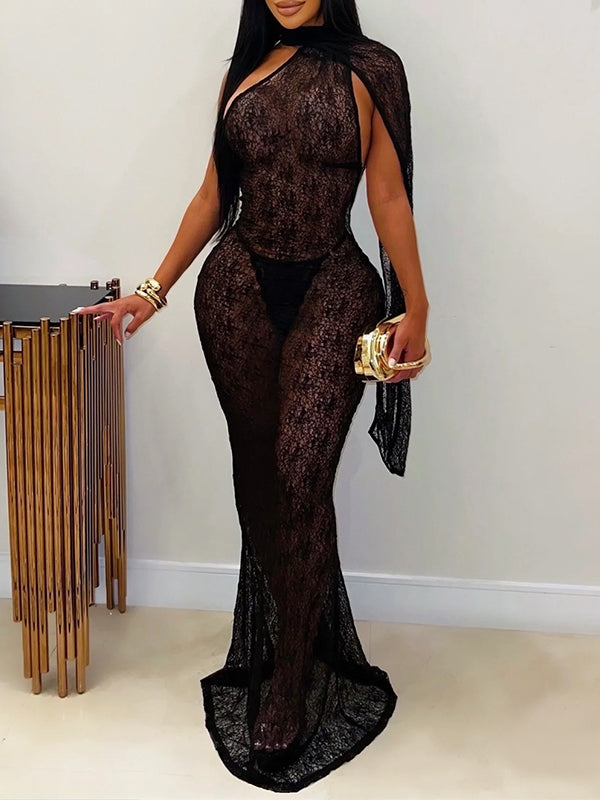 Lace Cape Backless Bodycon Maxi Dress