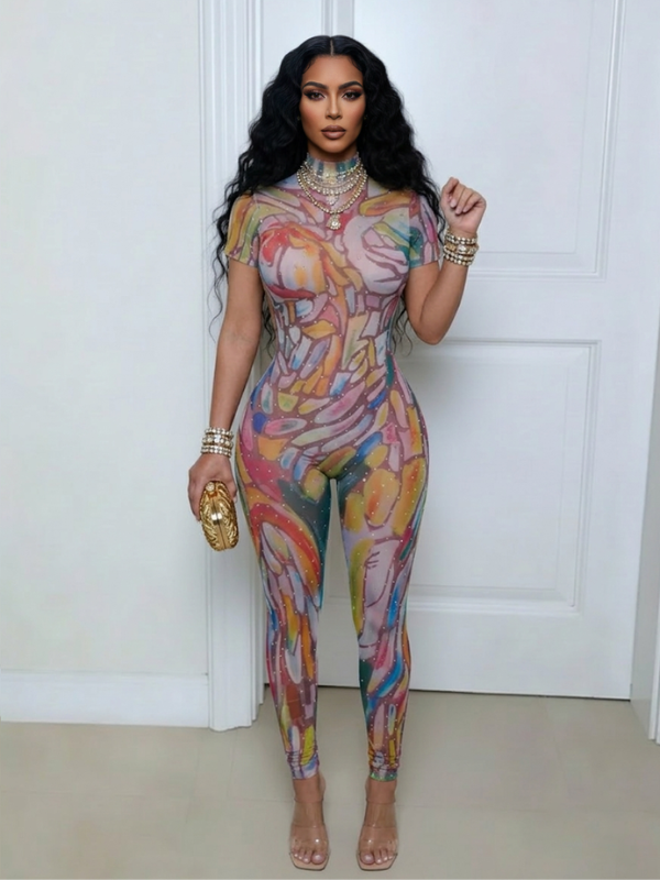 Studded Printed Cut-out Jumpsuit