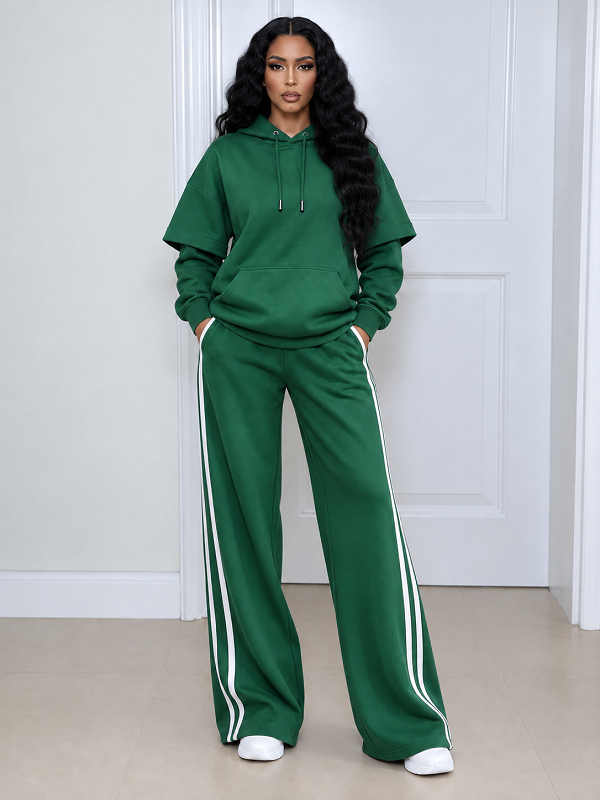 Solid Hoodie & Striped Pants Set