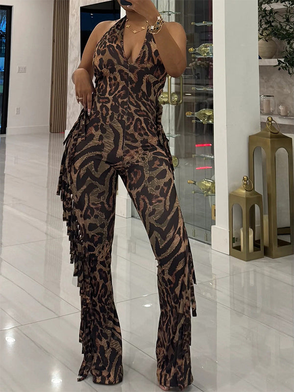 Leopard‑Print Fringe Halter Jumpsuit