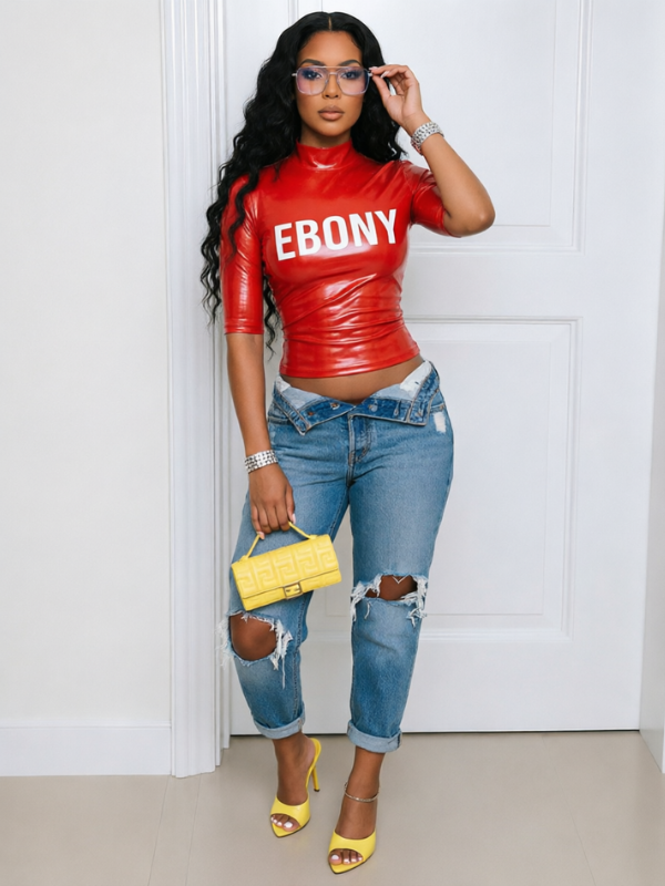 Letter-Print Faux-Leather Top