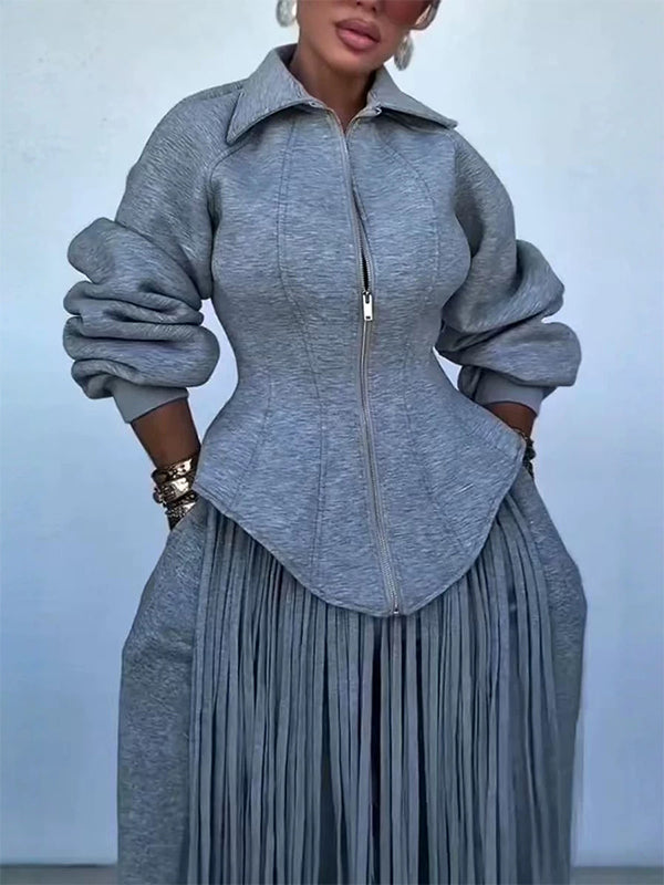 Solid Zip-Up Lapel Corset Sweatshirt