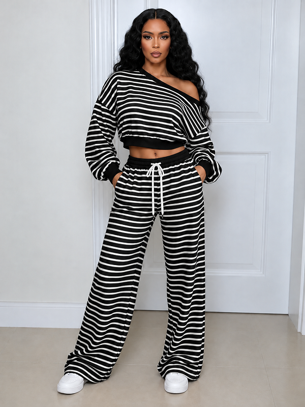 Striped Boat-Neck Cropped Top & Pants Set