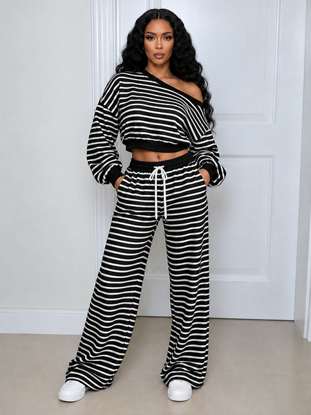 Striped Boat-Neck Cropped Top & Pants Set