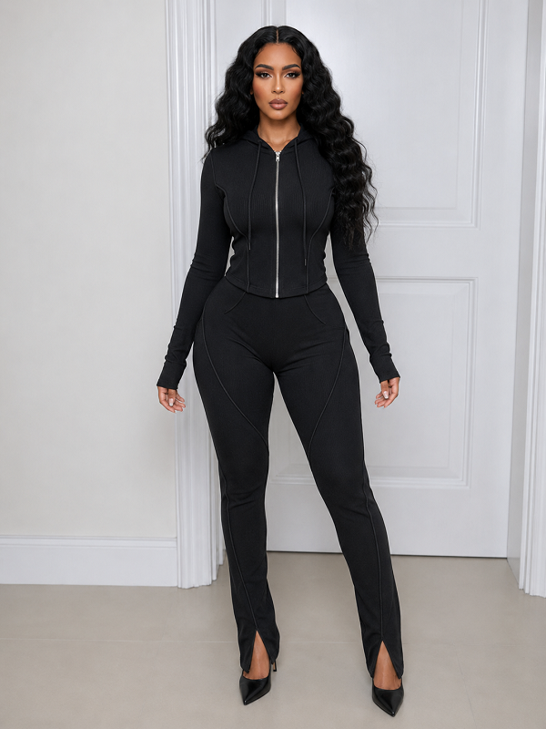 Zip-Front Hoodie & Slit Pants Set