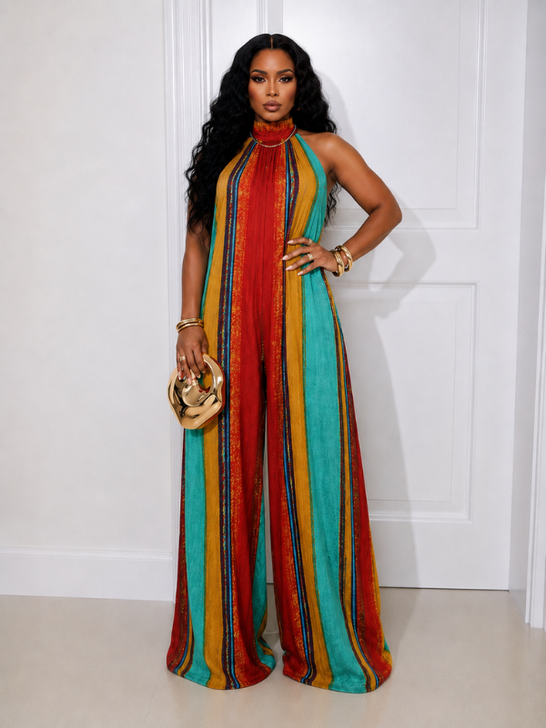 Printed Wide-Leg Halter Jumpsuit