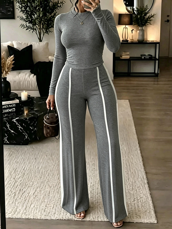 Solid Top & Striped Pants Set