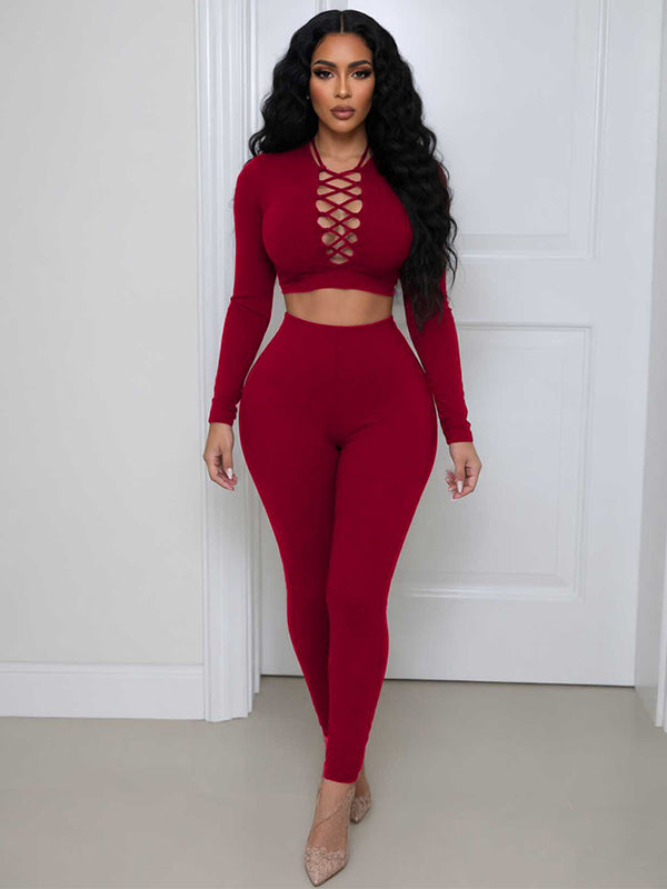 Solid Lace-Up Top & Skinny Pants Set