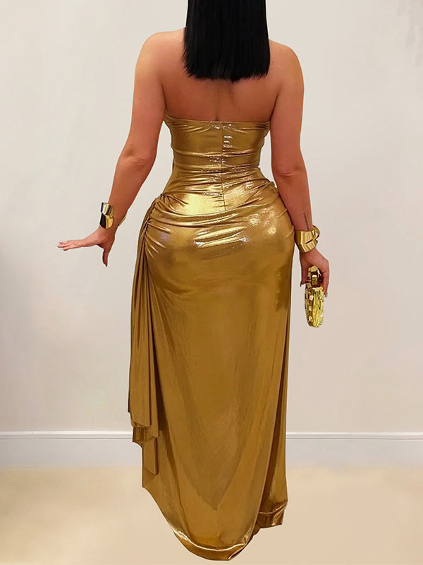 Solid Shiny Halter Ruched Bodycon Dress