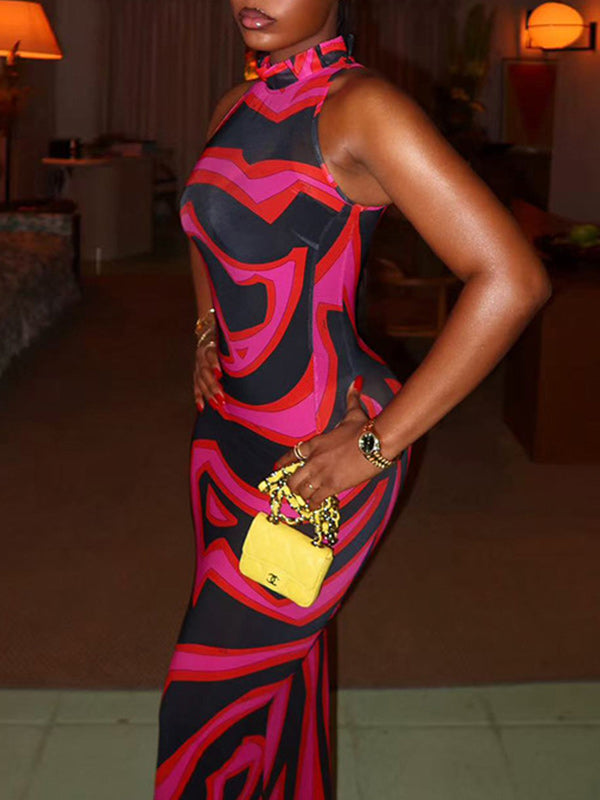 Color‑Block Halter Maxi Dress