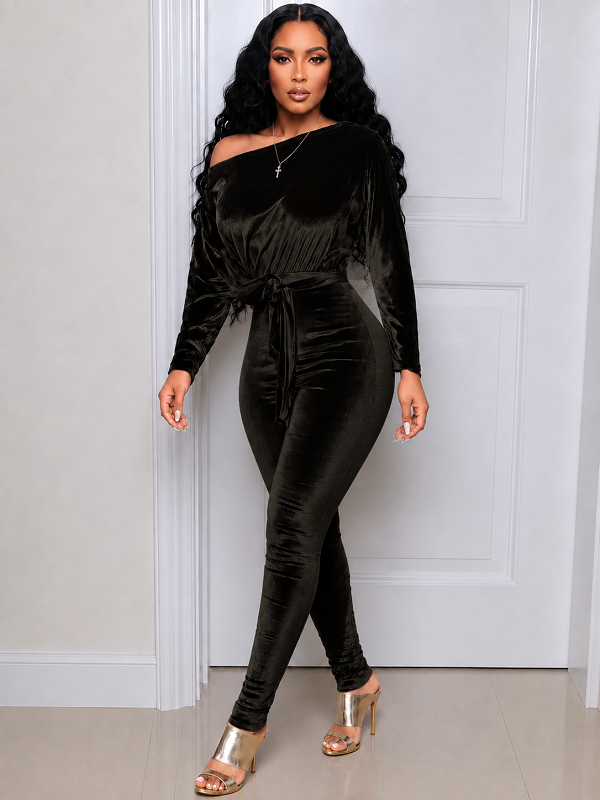 Velvet Boat-Neck Tied Jumpsuit