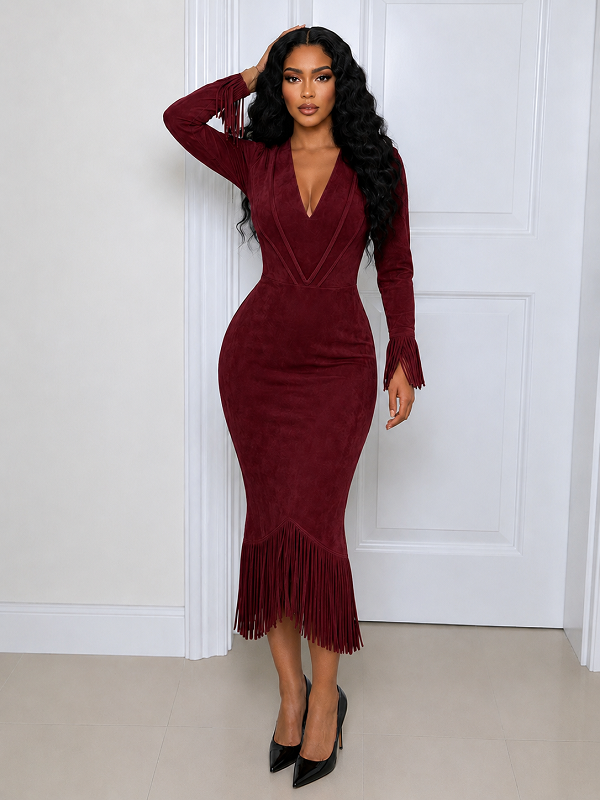 Solid V‑Neck Fringe Maxi Dress