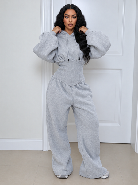 Solid Hoodie Cinched Waist Top & Pants Set