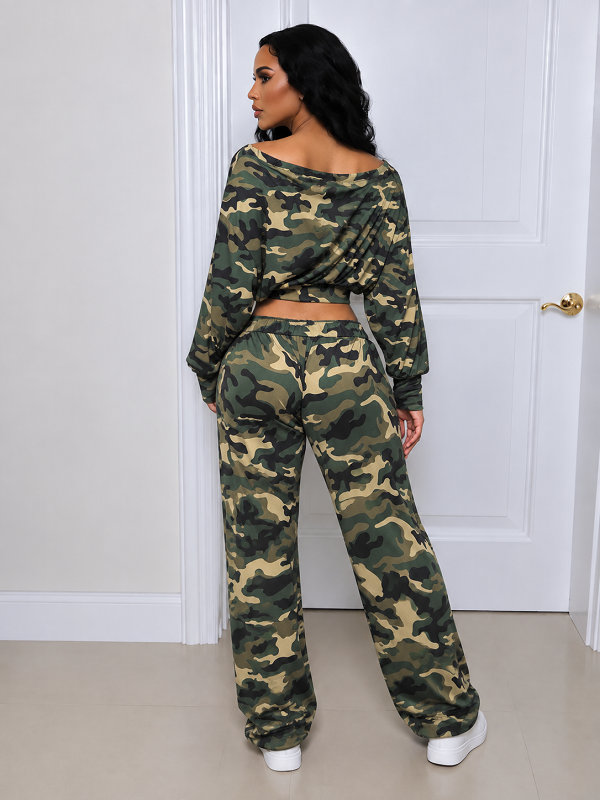 Print Boat Neck Top & Drawstring Pant Set