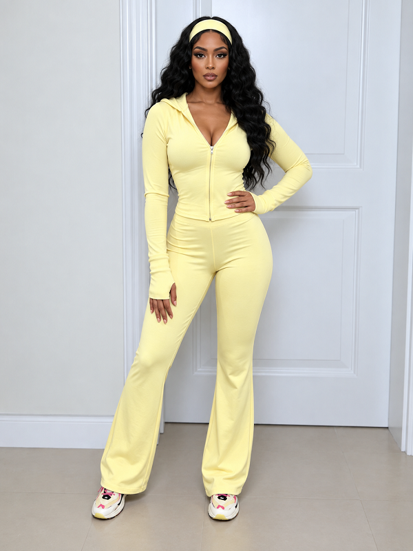 Solid Hooded Zip-Up Top & Pants Set