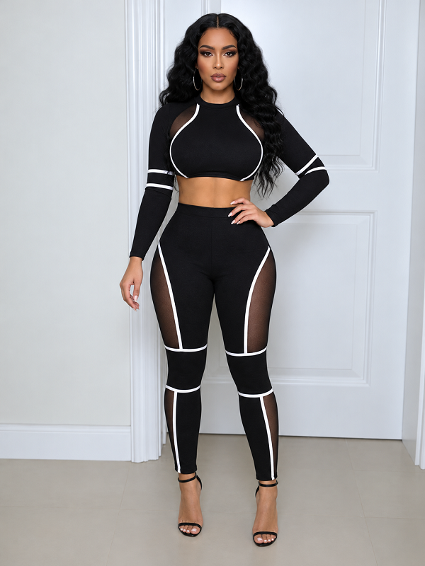 Patchwork Cropped Top & High‑Waist Pants Set