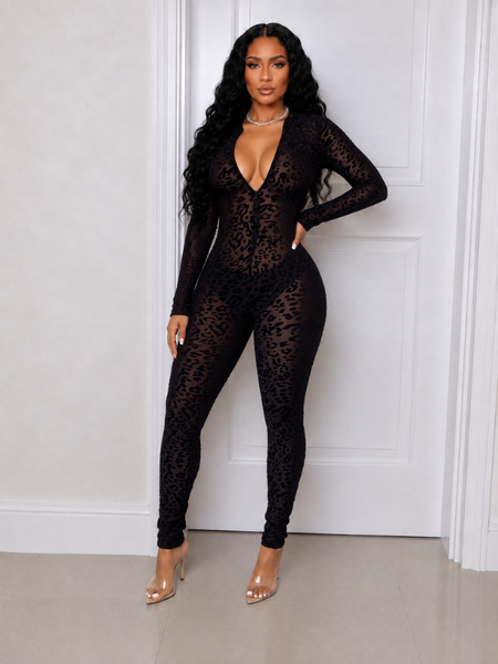 Leopard Zip-Front Sheer Jumpsuit