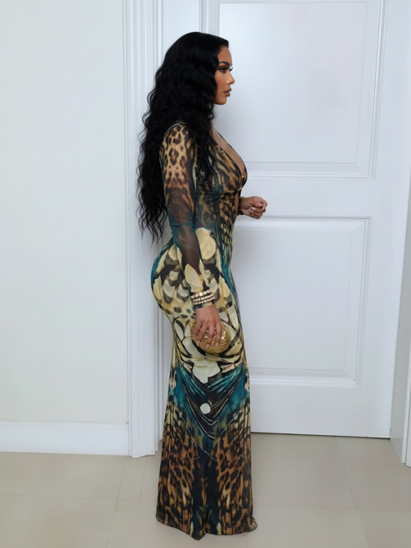 Printed V-Neck Slit Dress