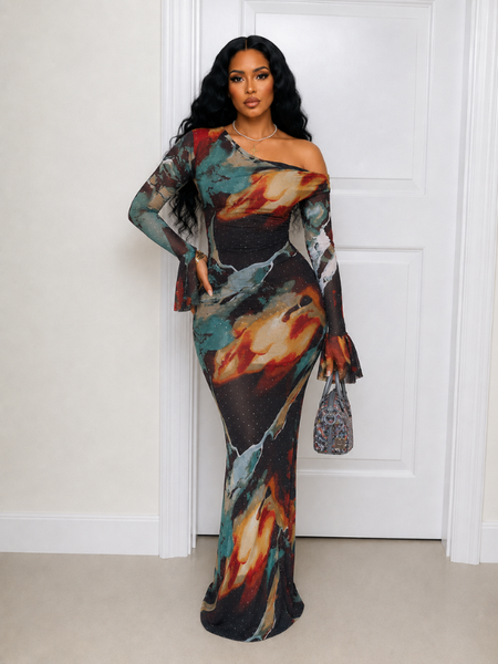 Printed Boat-Neck Maxi Dress