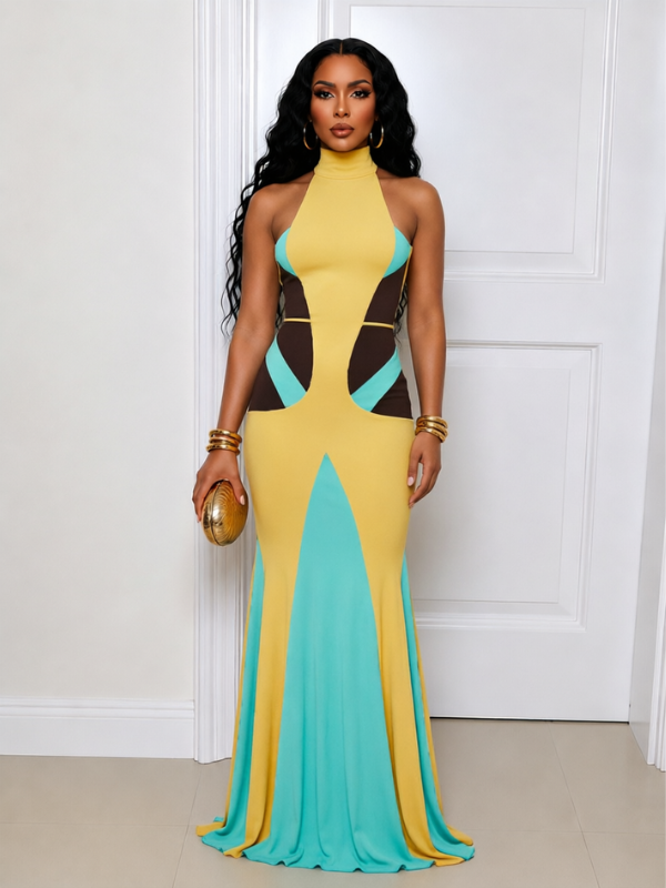 Colorblock Halter Maxi Dress