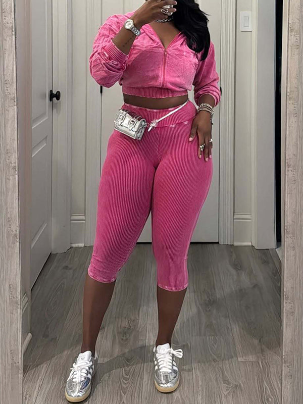 Zip‑Front Cropped Jacket & Capri Pants Set