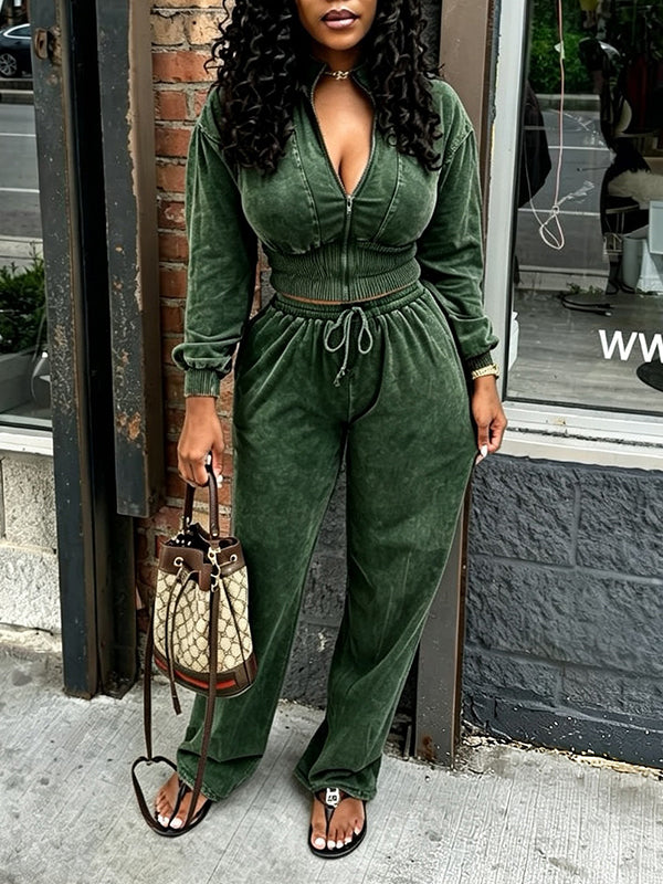 Solid Cropped Top & Drawstring Pants Set