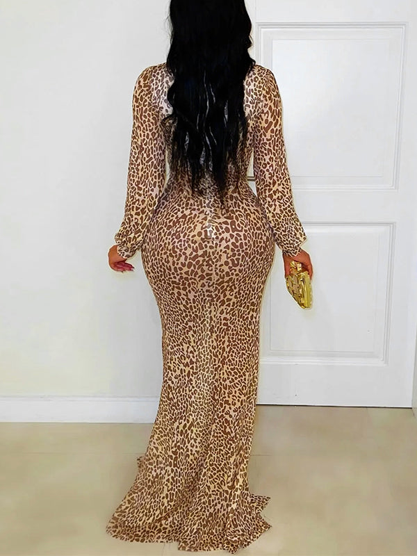 Leopard Deep-V Slit Dress