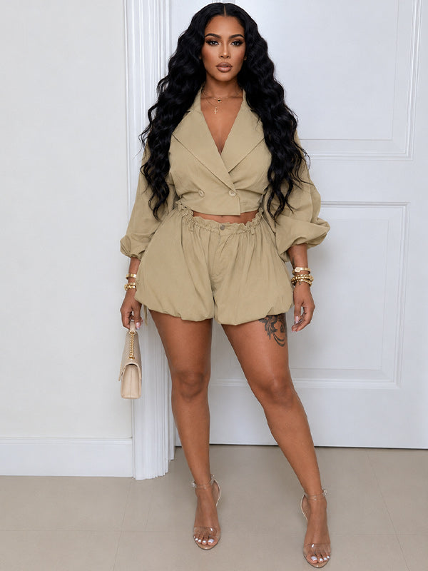 Lapel Jacket & Bubble Shorts Set