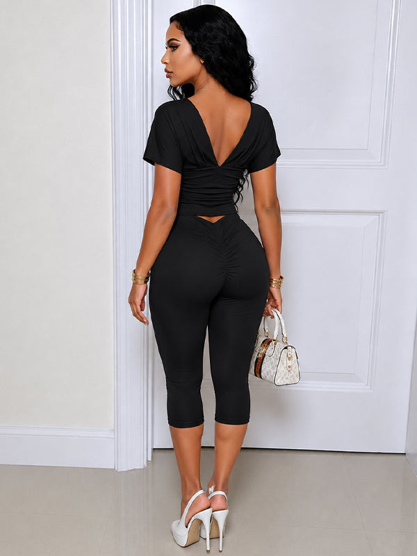 Solid V-Neck Top & Capri Pants Set