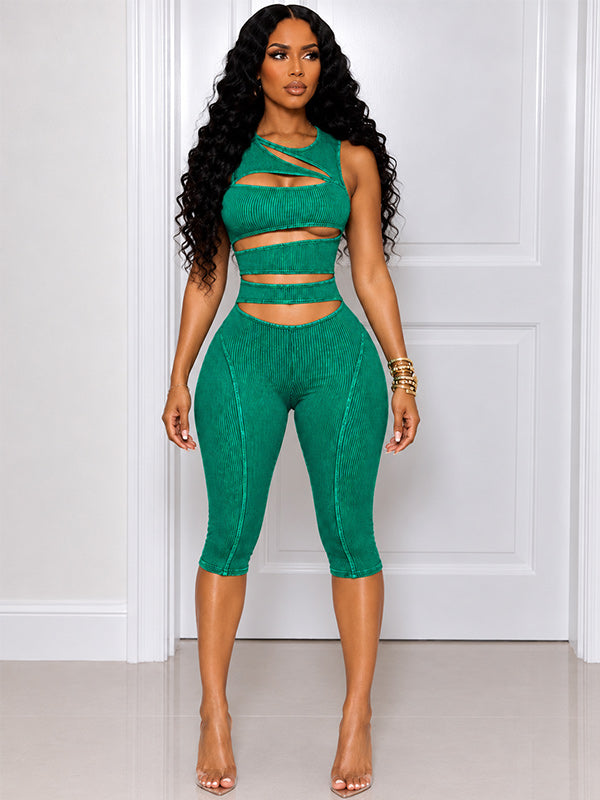 Wash Cutout Sleeveless Capri Jumpsuit