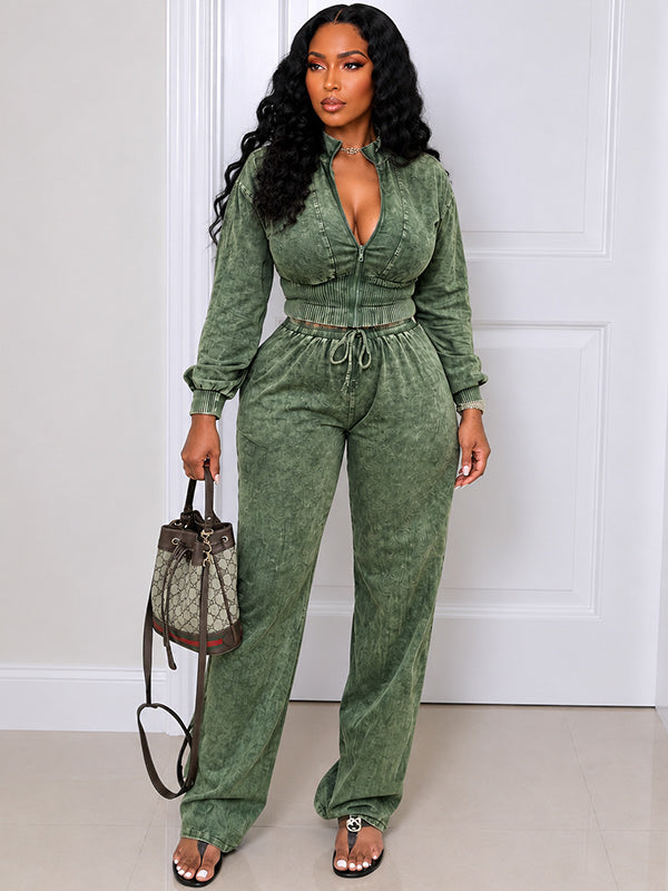 Solid Cropped Top & Drawstring Pants Set
