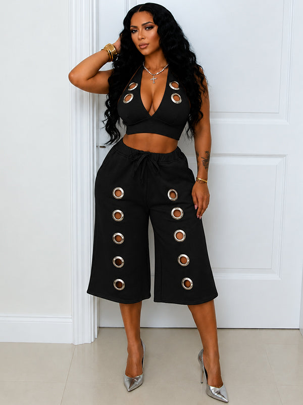 Eyelet Halter Top & Capri Pants Set