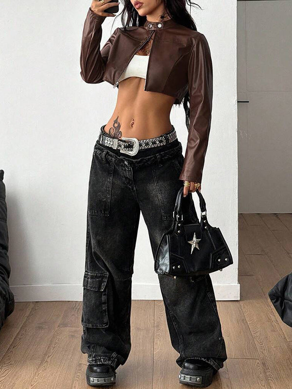 Faux-Leather Zip-Up Cropped Jacket
