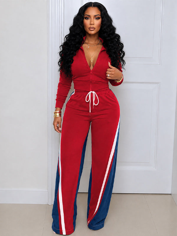 Zip-Front Top & Side-Stripe Pants Set