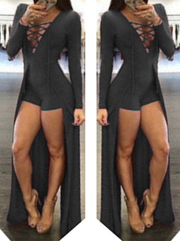 Solid Lace-Up High‑Low Romper