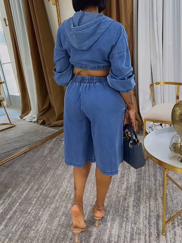 Denim Hooded Jacket & Shorts Set
